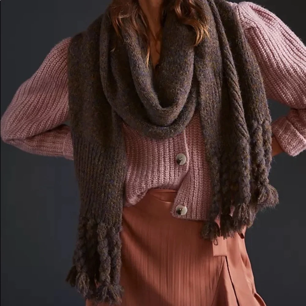 NWT Anthropologie Braided Fringe Scarf in Espresso Brown - large
